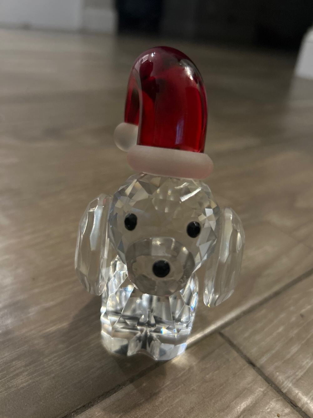 Crystal Glass Dog Figurine with Santa Hat,